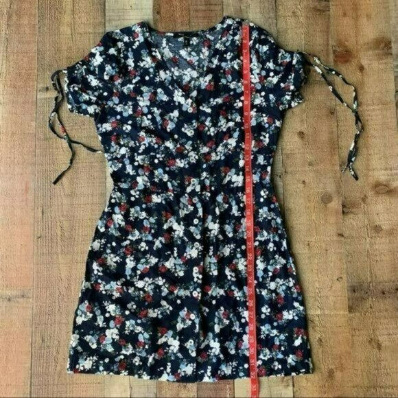 Derek Heart Floral Print Tie Short Sleeve Button-Front Navy Dress Adjustable - Picture 3 of 9